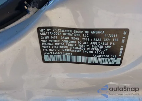 2012 Volkswagen Passat 2.5L Sel Premium z USA, uszkodzony, nr VIN 1VWCP7A39CC026946